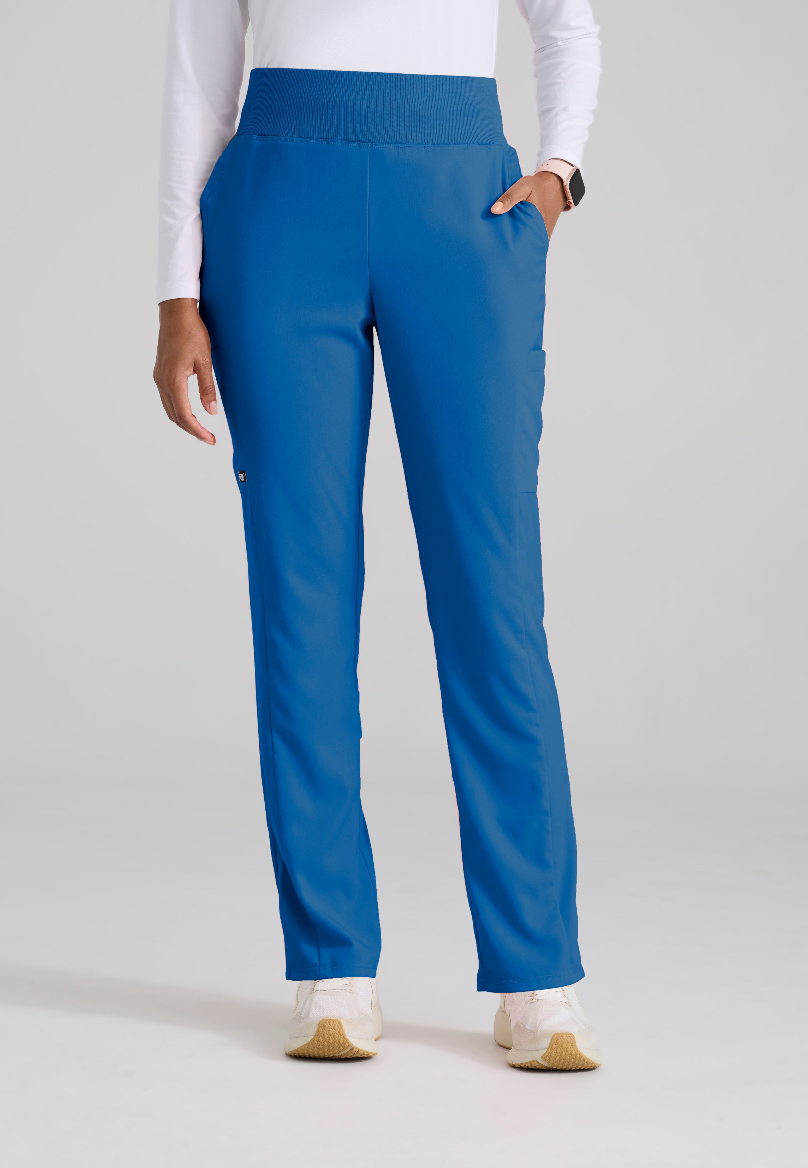 Front View of the Renee 6-Pocket Cargo Knit Scrub Pant in New Royal from Grey's Anatomy™ by Barco Spandex Stretch