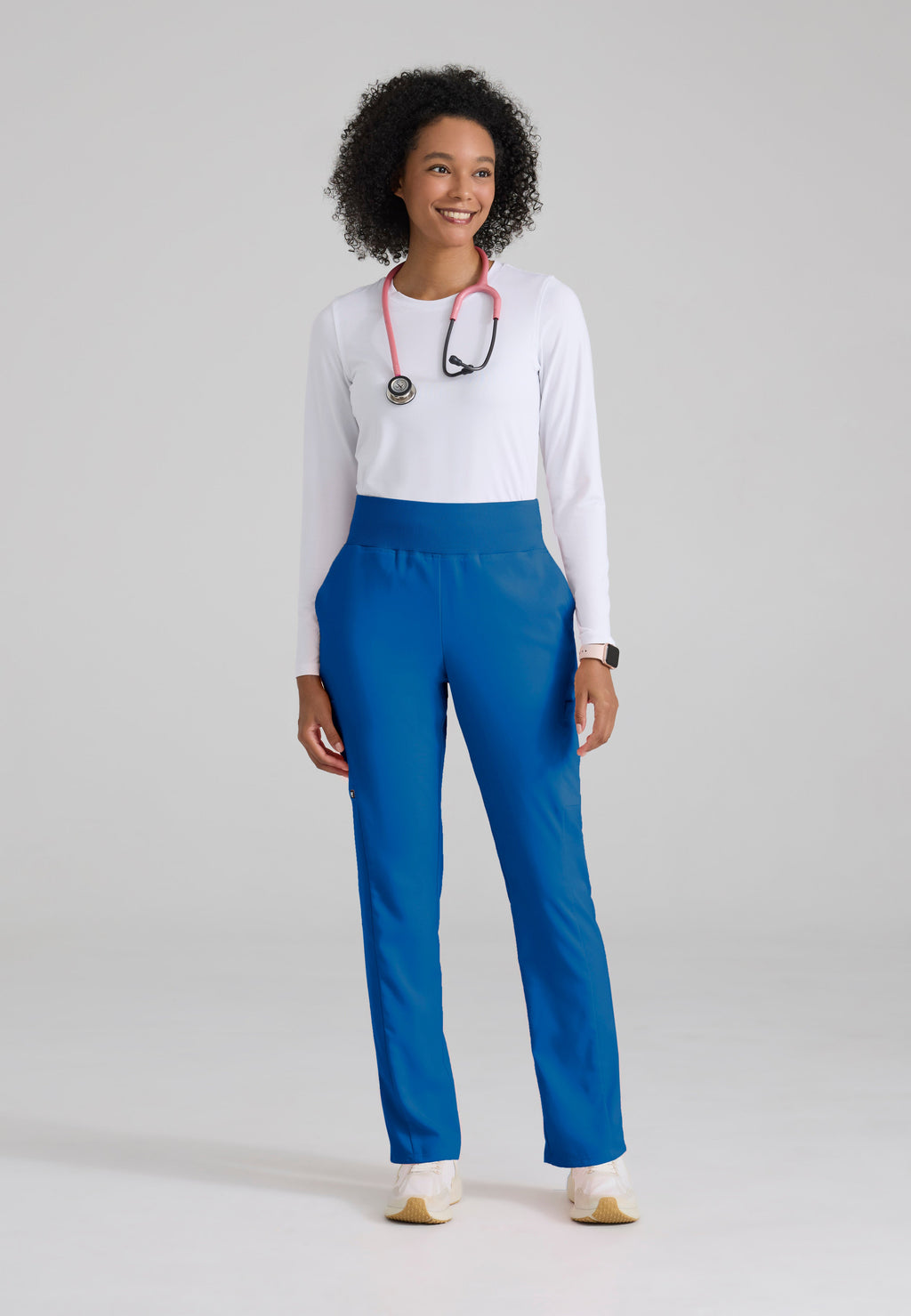 Full Body View of the Renee 6-Pocket Cargo Knit Scrub Pant in New Royal from Grey's Anatomy™ by Barco Spandex Stretch