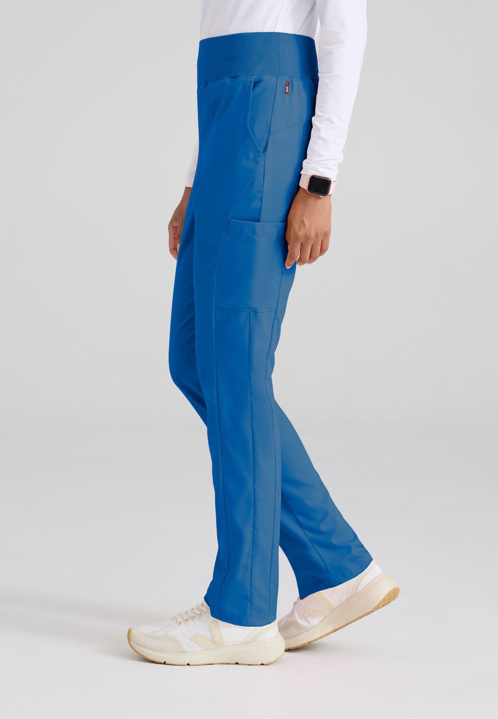 Side View of the Renee 6-Pocket Cargo Knit Scrub Pant in New Royal from Grey's Anatomy™ by Barco Spandex Stretch