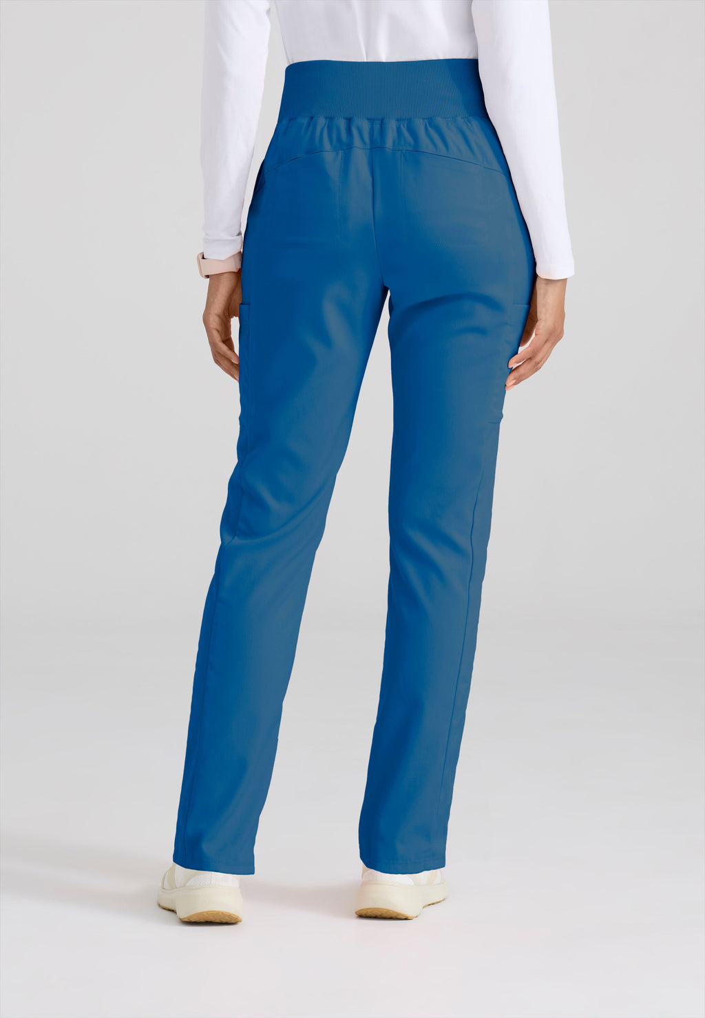 Back View of the Renee 6-Pocket Cargo Knit Scrub Pant in New Royal from Grey's Anatomy™ by Barco Spandex Stretch