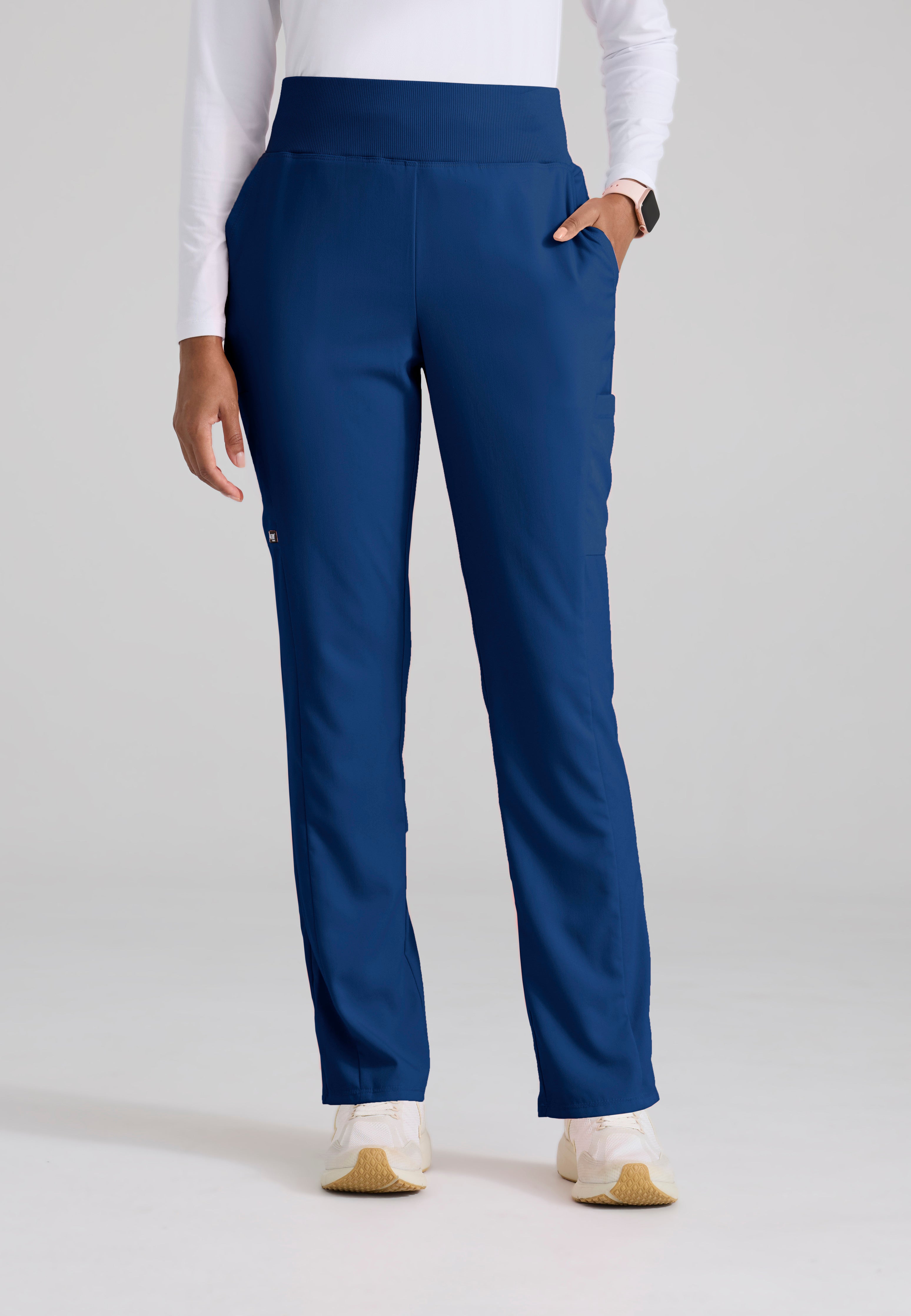 Front View of the Renee 6-Pocket Cargo Knit Scrub Pant in Indigo from Grey's Anatomy™ by Barco Spandex Stretch