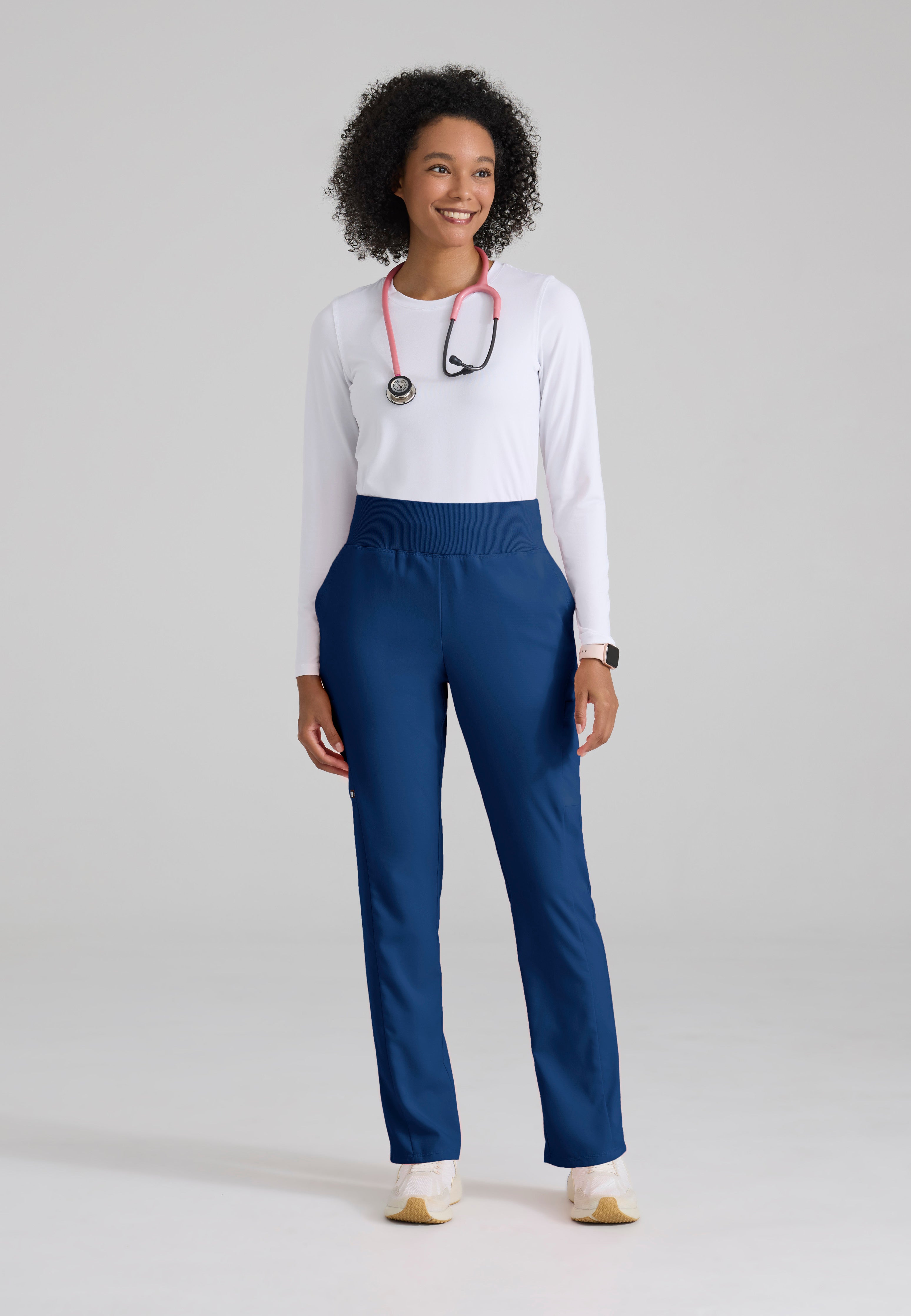 Full Body View of the Renee 6-Pocket Cargo Knit Scrub Pant in Indigo from Grey's Anatomy™ by Barco Spandex Stretch