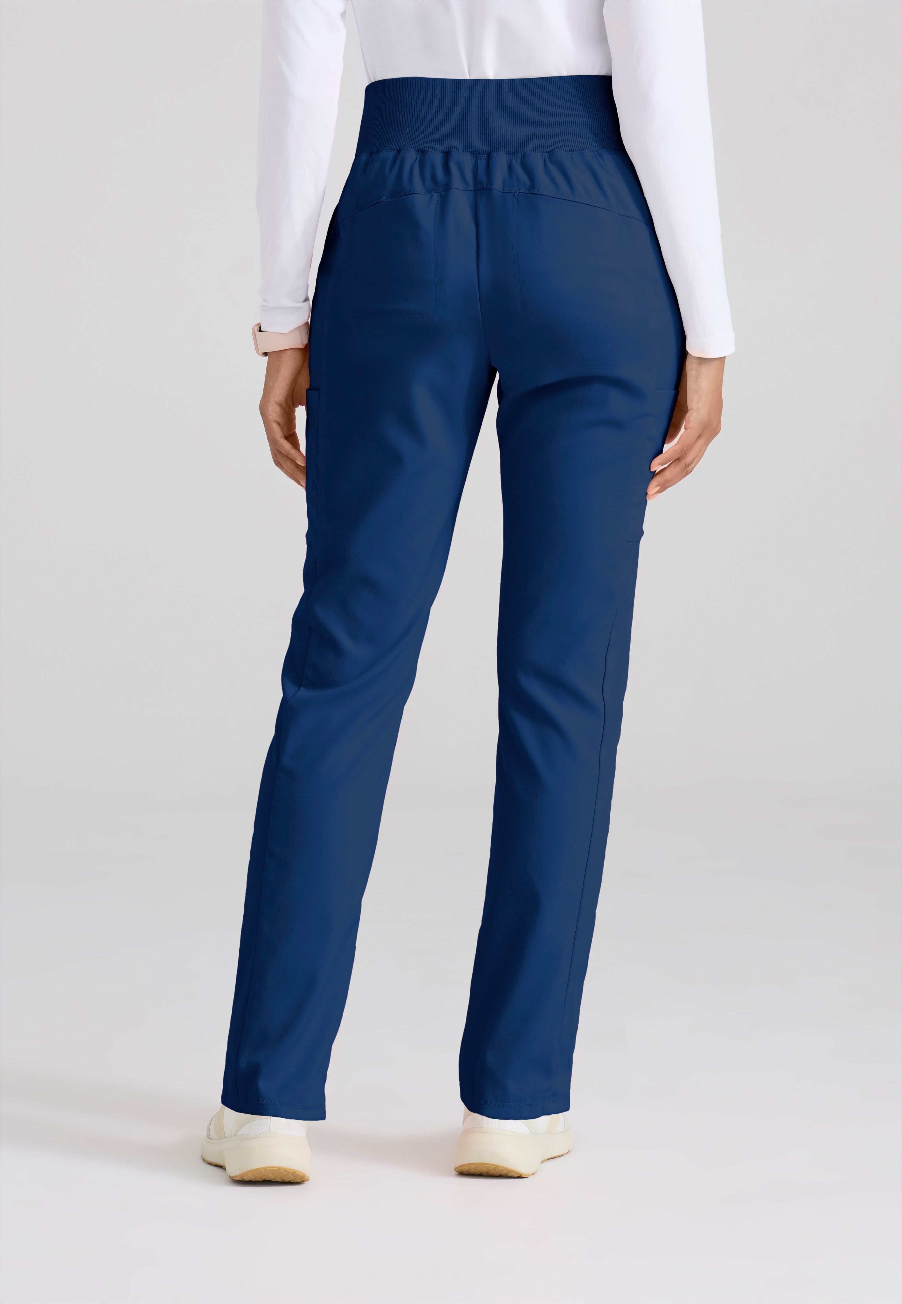 Back View of the Renee 6-Pocket Cargo Knit Scrub Pant in Indigo from Grey's Anatomy™ by Barco Spandex Stretch