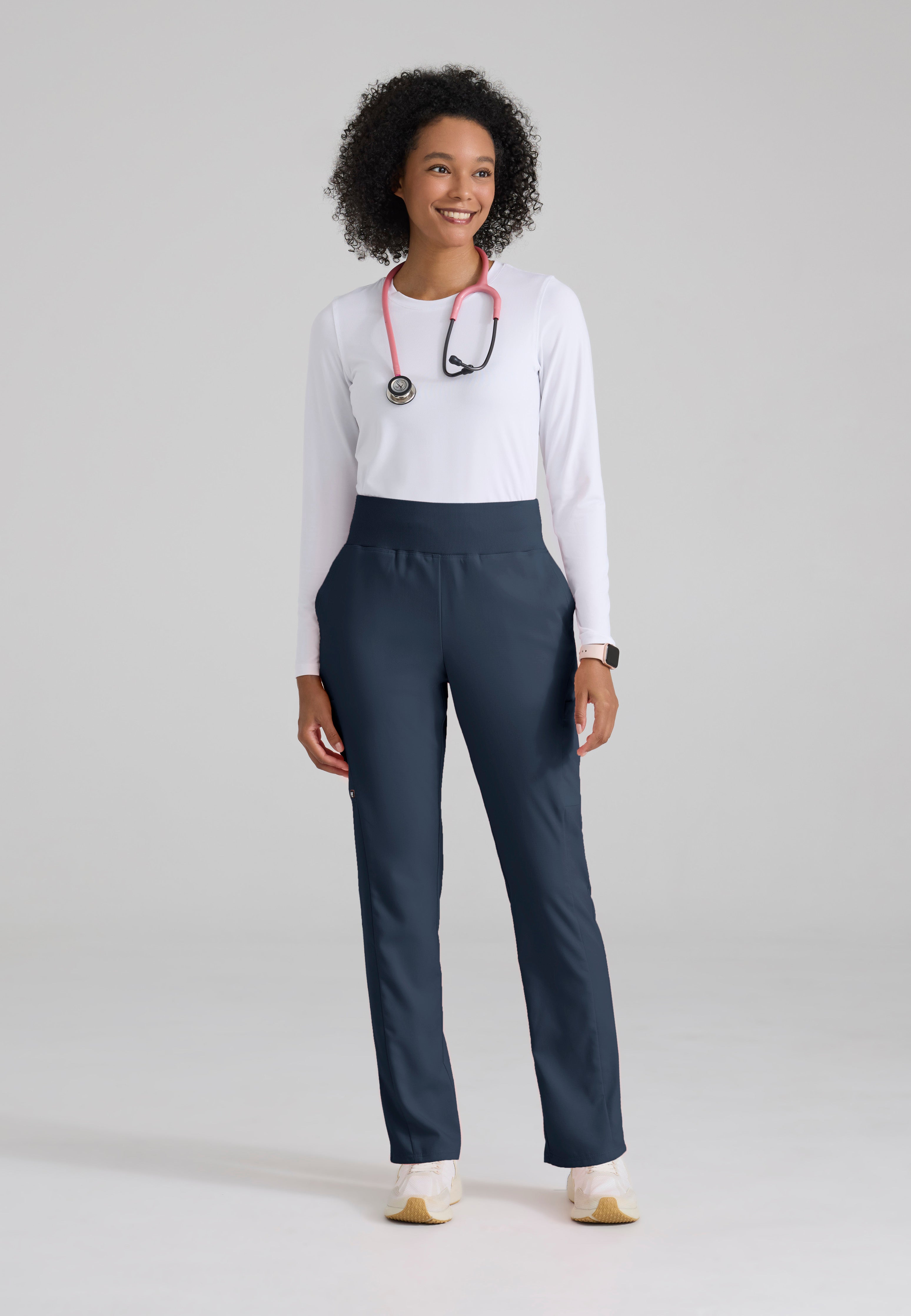Full Body View of the Renee 6-Pocket Cargo Knit Scrub Pant in Steel from Grey's Anatomy™ by Barco Spandex Stretch