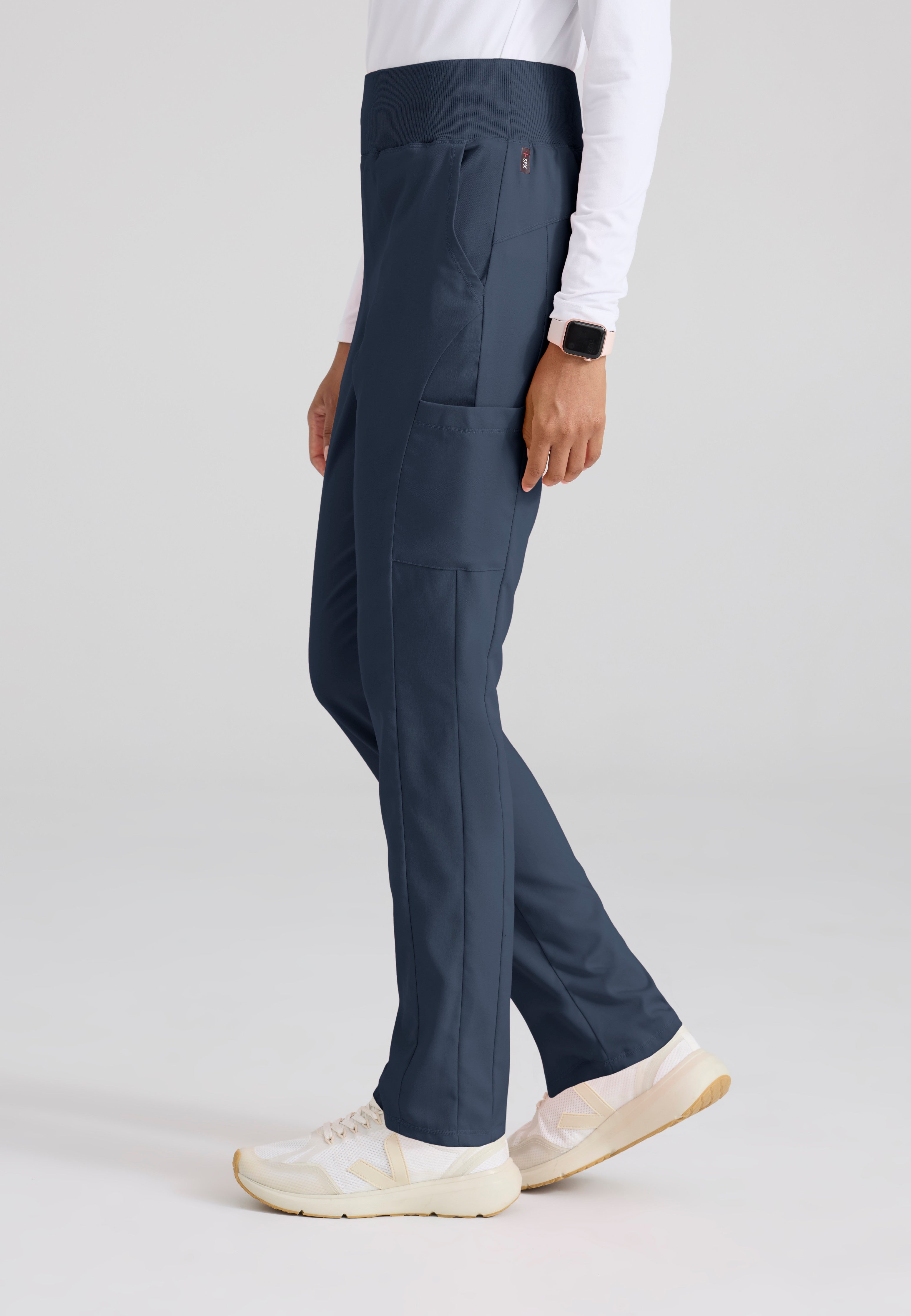 Side View of the Renee 6-Pocket Cargo Knit Scrub Pant in Steel from Grey's Anatomy™ by Barco Spandex Stretch