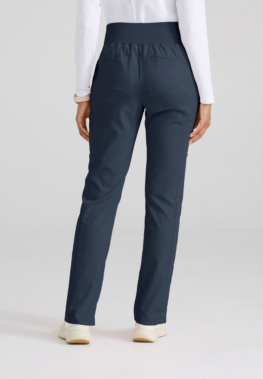 Back View of the Renee 6-Pocket Cargo Knit Scrub Pant in Steel from Grey's Anatomy™ by Barco Spandex Stretch