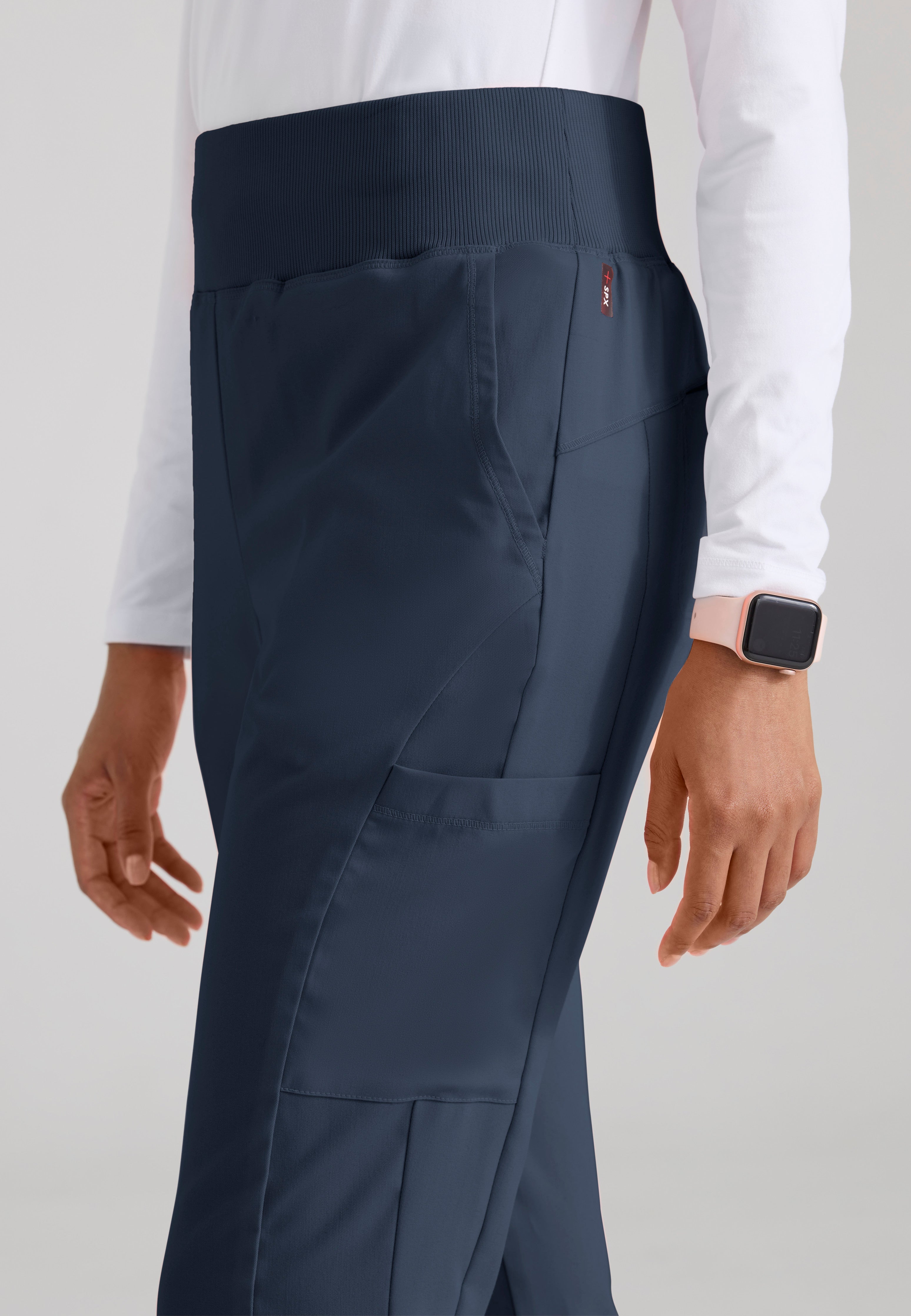 Detail Shot of the Renee 6-Pocket Cargo Knit Scrub Pant in Steel from Grey's Anatomy™ by Barco Spandex Stretch