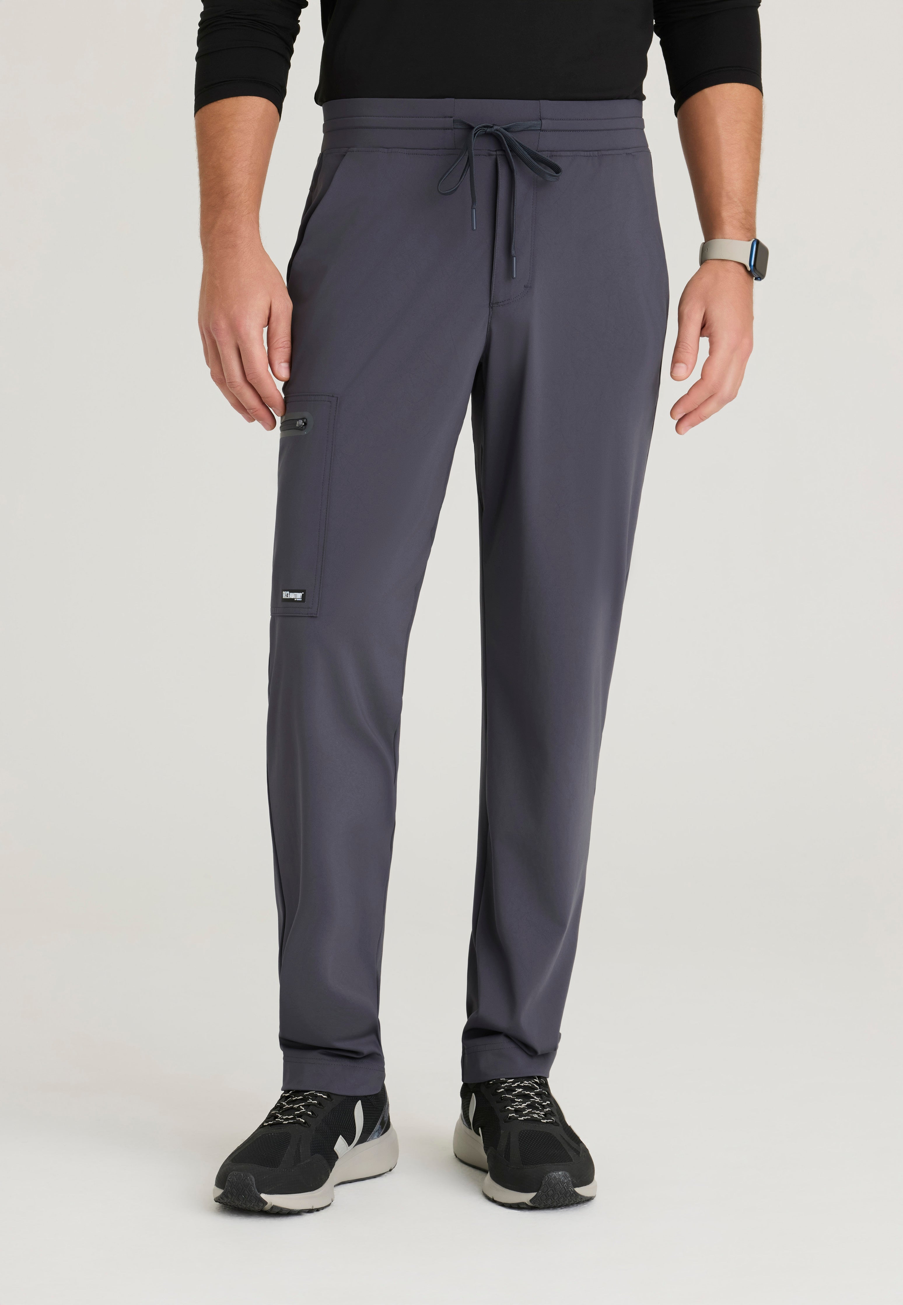 Front View of the Focus 4-Pocket Slim Straight Knit Pant in Steel from Grey's Anatomy™ by Barco Knit Stretch