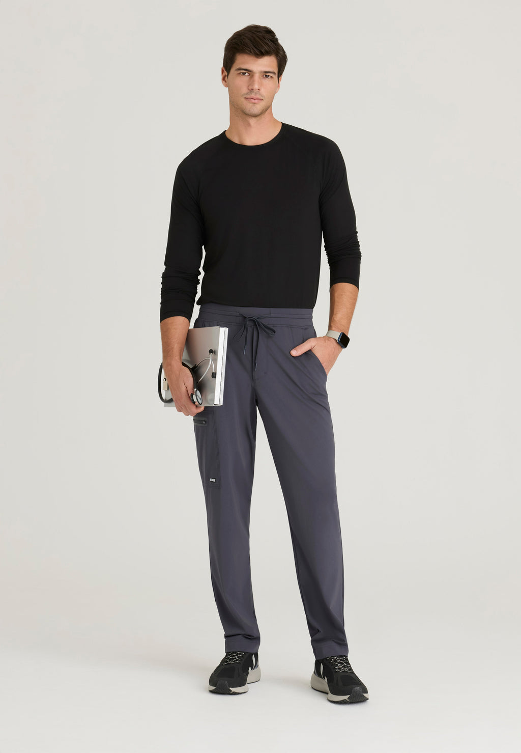 Full Body View of the Focus 4-Pocket Slim Straight Knit Pant in Steel from Grey's Anatomy™ by Barco Knit Stretch