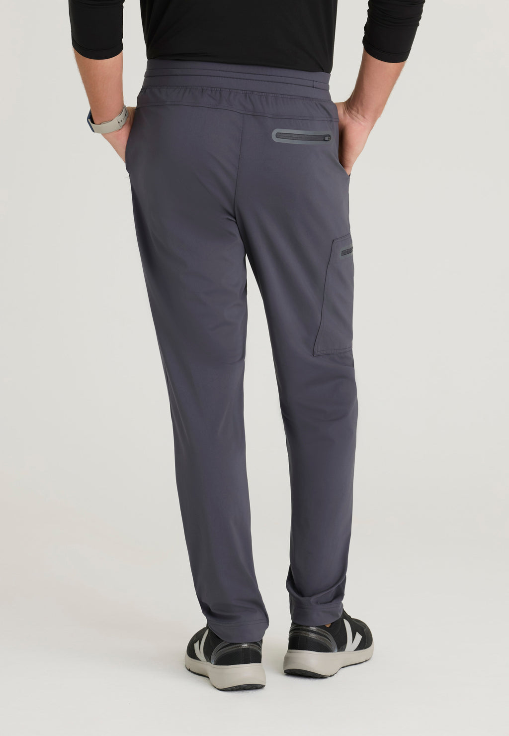 Back View of the Focus 4-Pocket Slim Straight Knit Pant in Steel from Grey's Anatomy™ by Barco Knit Stretch