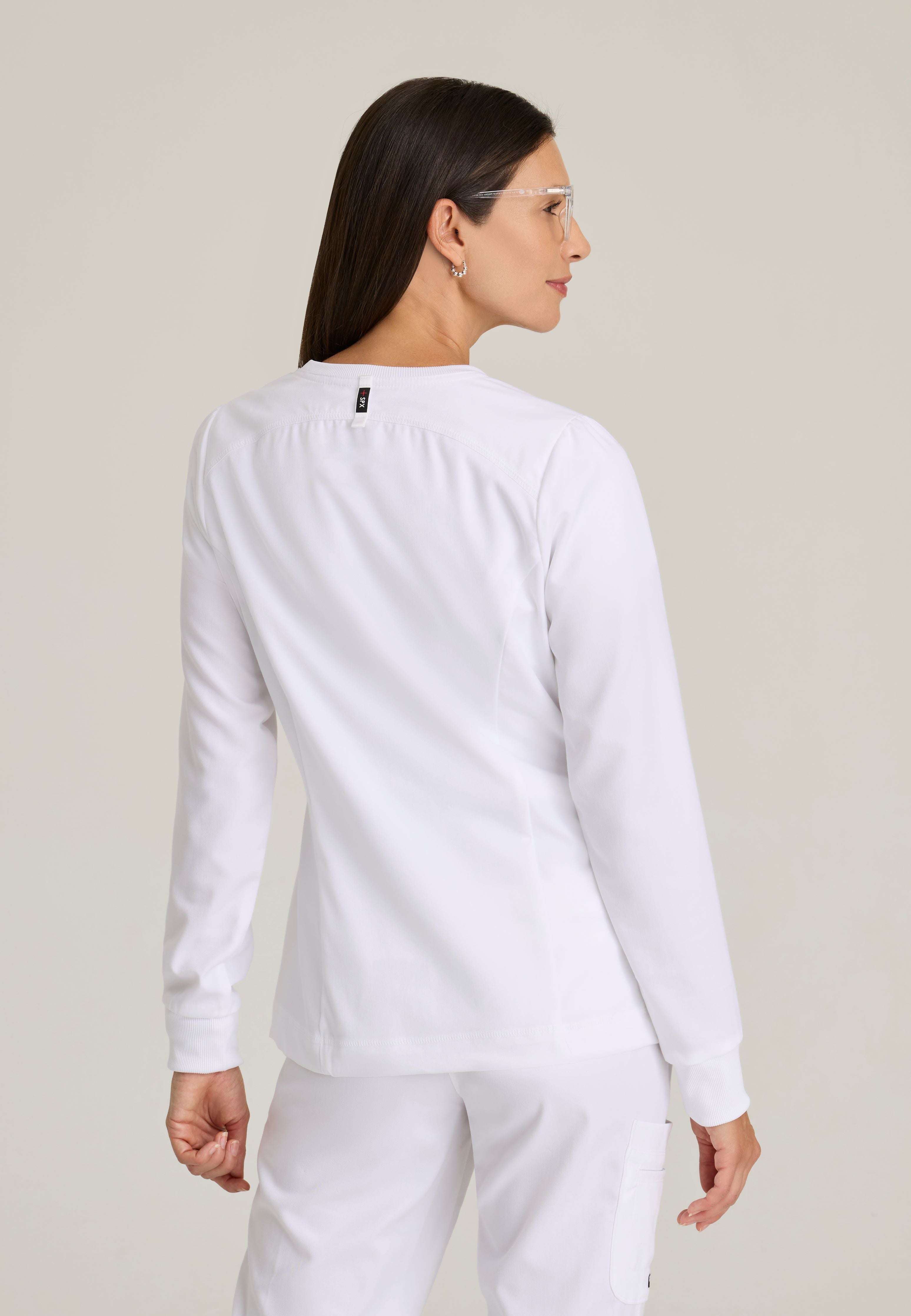Back View of the Millie 3-Pocket Crewneck Scrub Jacket in White from Grey's Anatomy™ by Barco Spandex Stretch