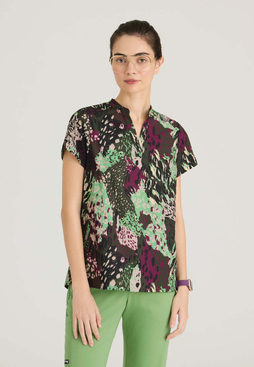 Front View of the Avery 2-Pocket Banded Collar Top from Grey's Anatomy™ by Barco Spandex Stretch