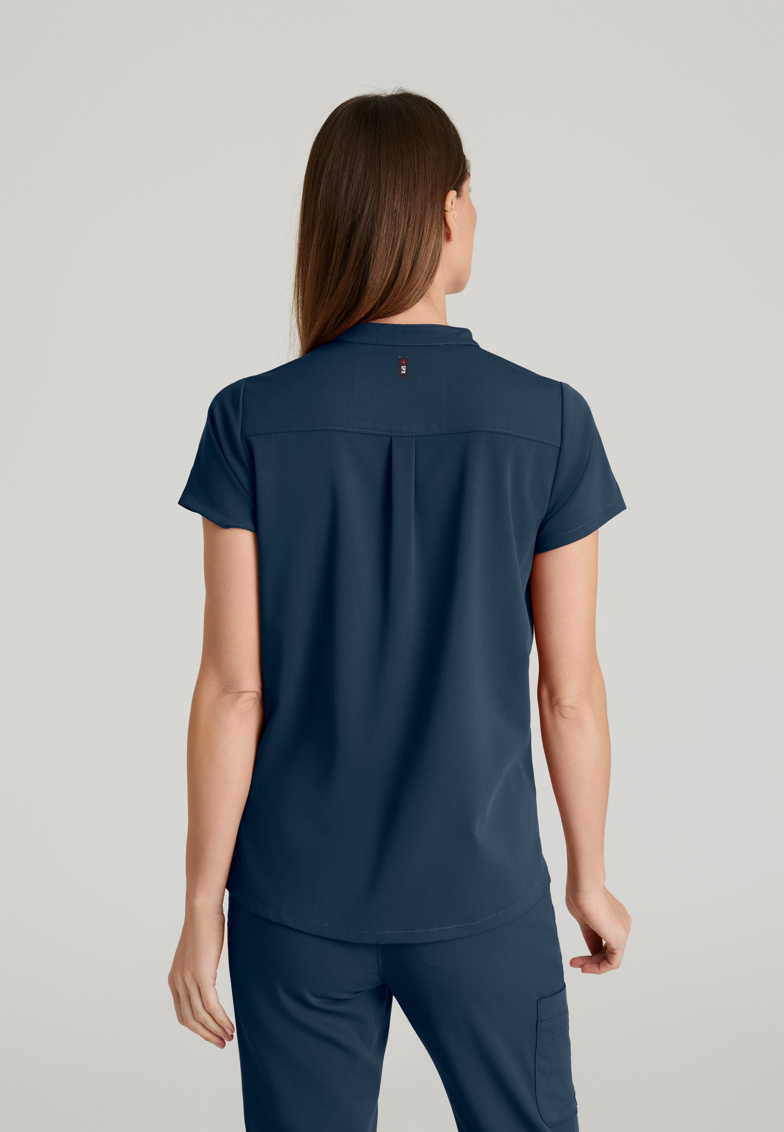Back View of the Avery 2-Pocket Banded Collar Top in Steel from Grey's Anatomy™ by Barco Spandex Stretch