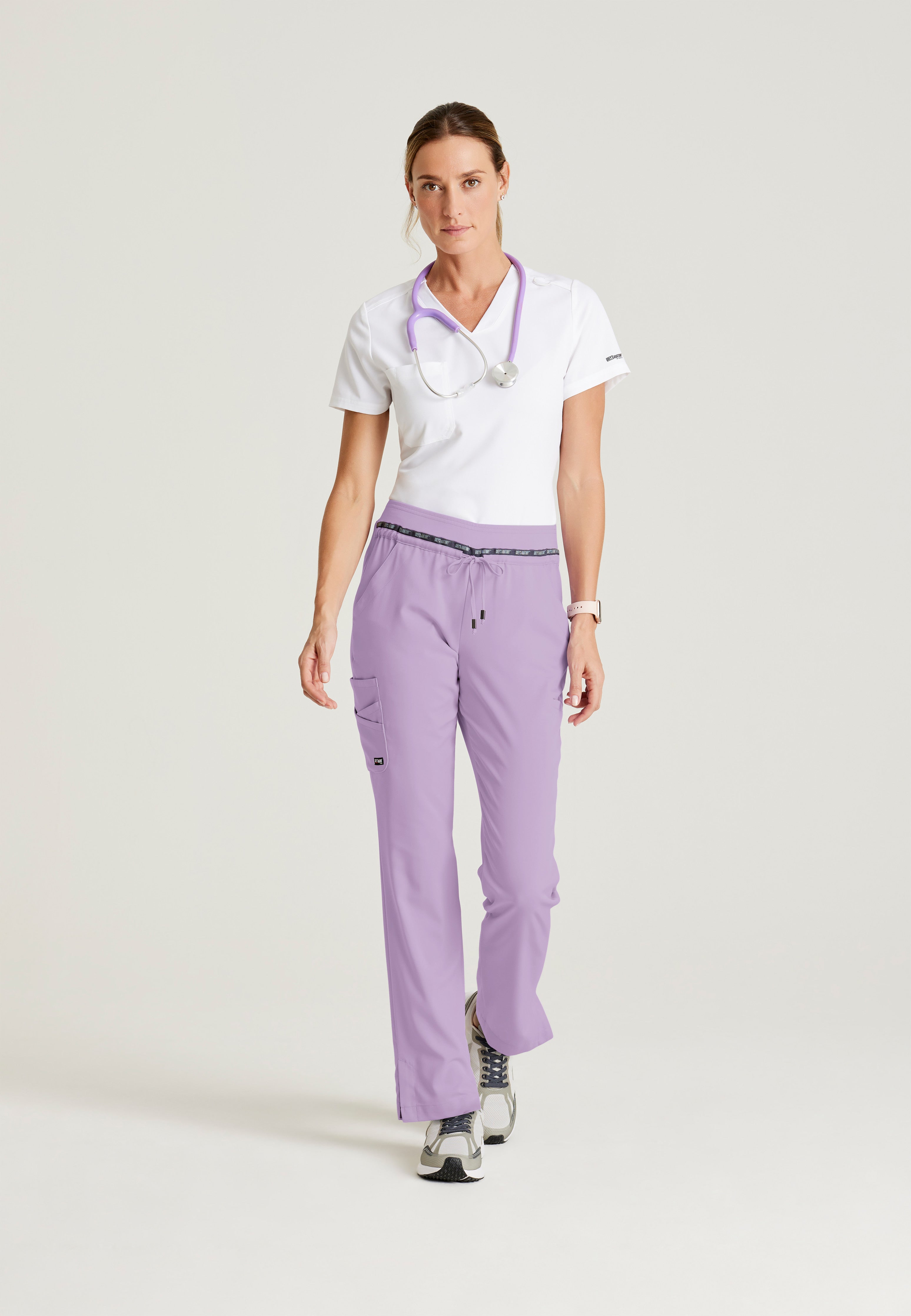 Full Body View of the Bree 1-Pocket Tuck-In Scrub Top in White from Grey's Anatomy™ by Barco Spandex Stretch