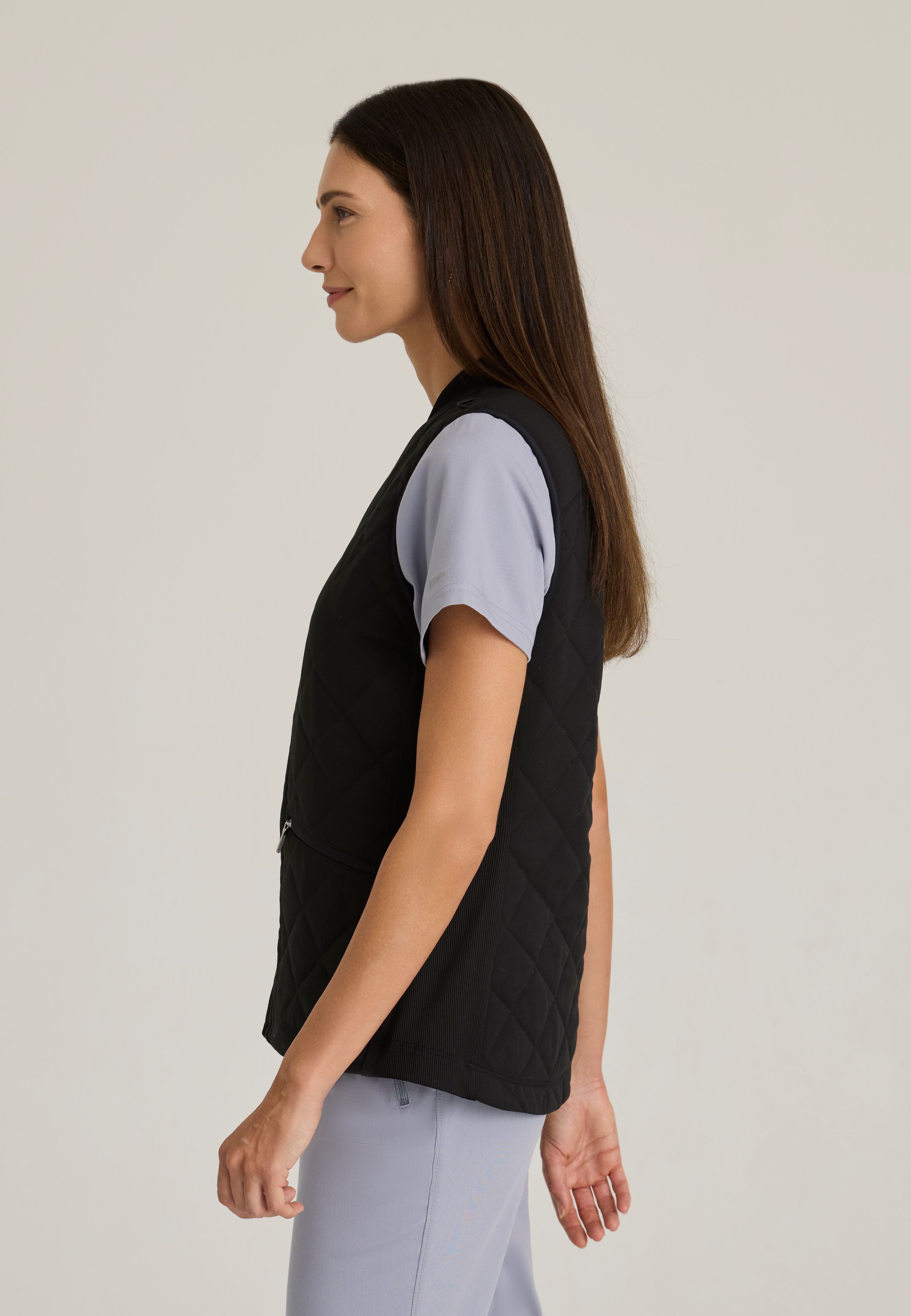 Side View of the Cristina 2-Pocket Quilted Scrub Vest in Moonstruck from Grey's Anatomy™ by Barco Spandex Stretch