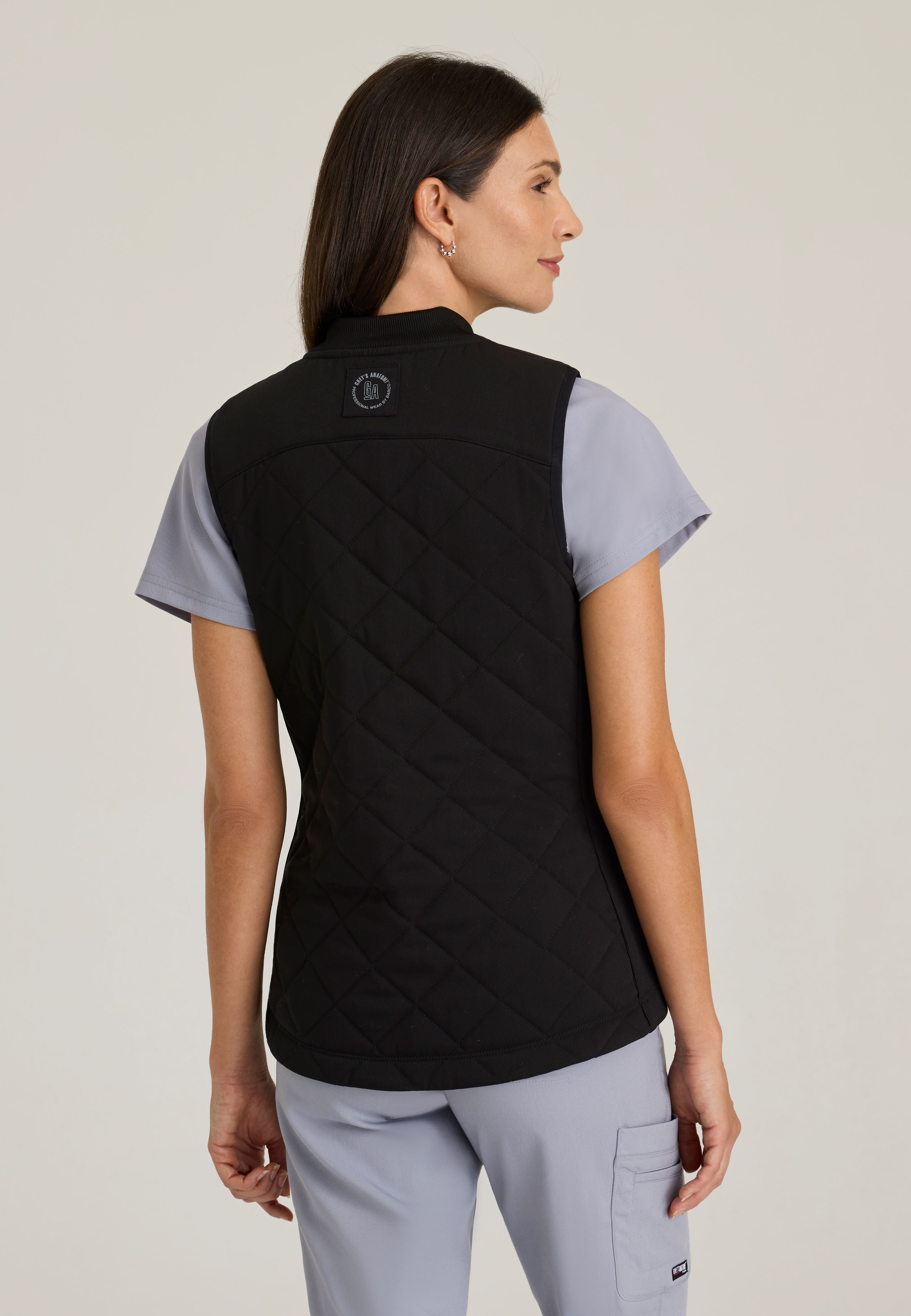 Back View of the Cristina 2-Pocket Quilted Scrub Vest in Moonstruck from Grey's Anatomy™ by Barco Spandex Stretch