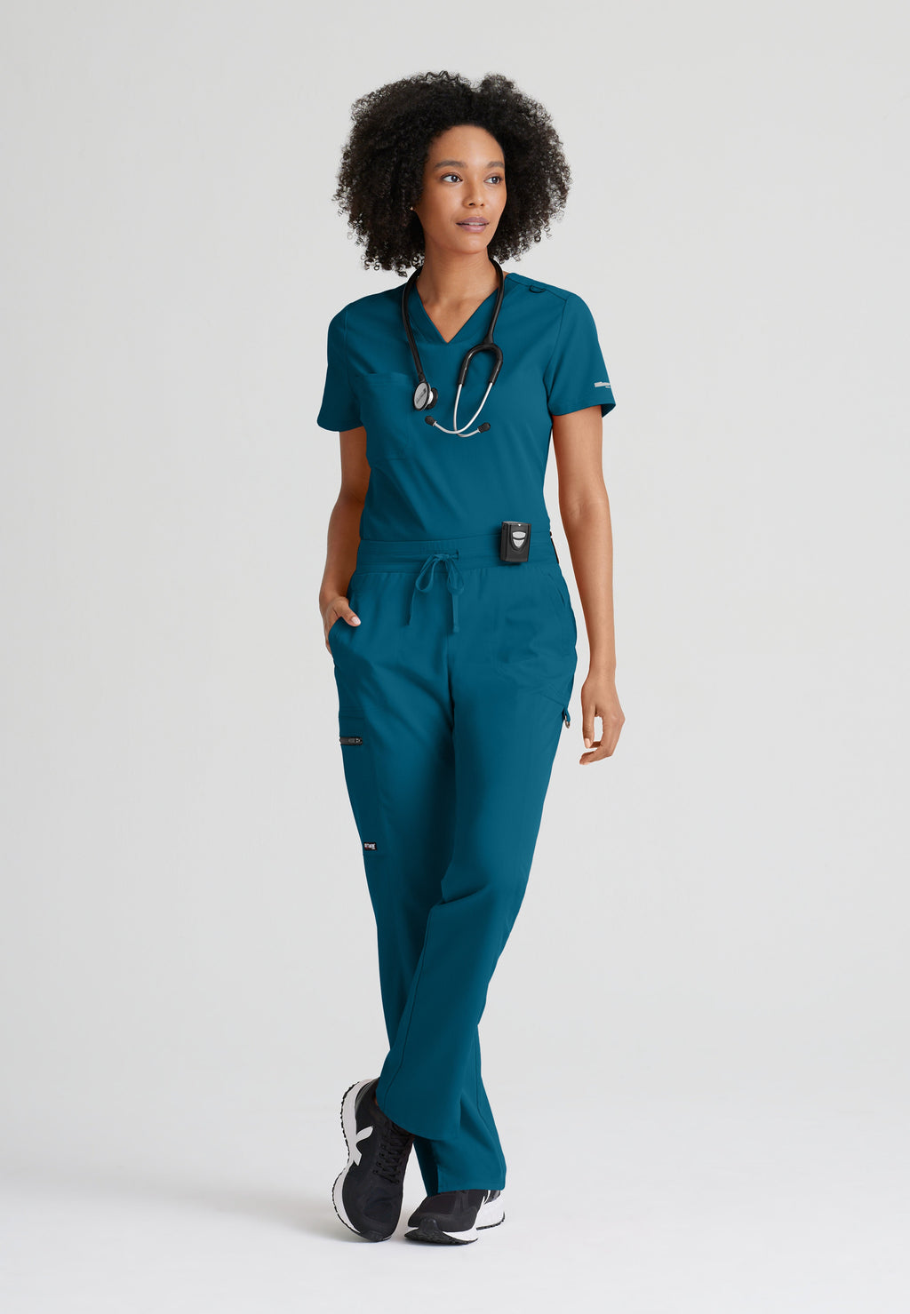 Full Body View of the Bree 1-Pocket Tuck-In Scrub Top in Bahama from Grey's Anatomy™ by Barco Spandex Stretch