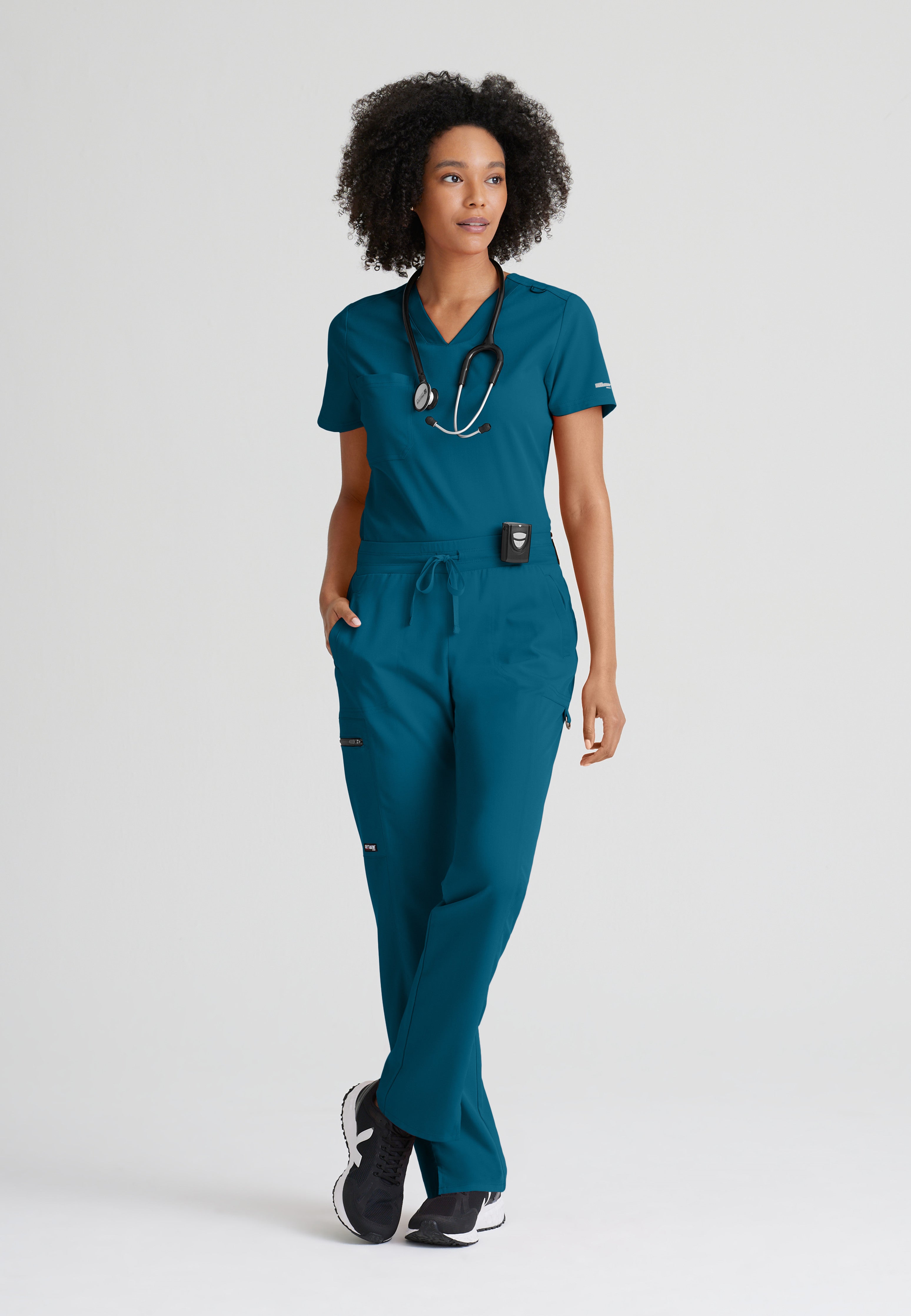 Full Body View of the Bree 1-Pocket Tuck-In Scrub Top in Bahama from Grey's Anatomy™ by Barco Spandex Stretch