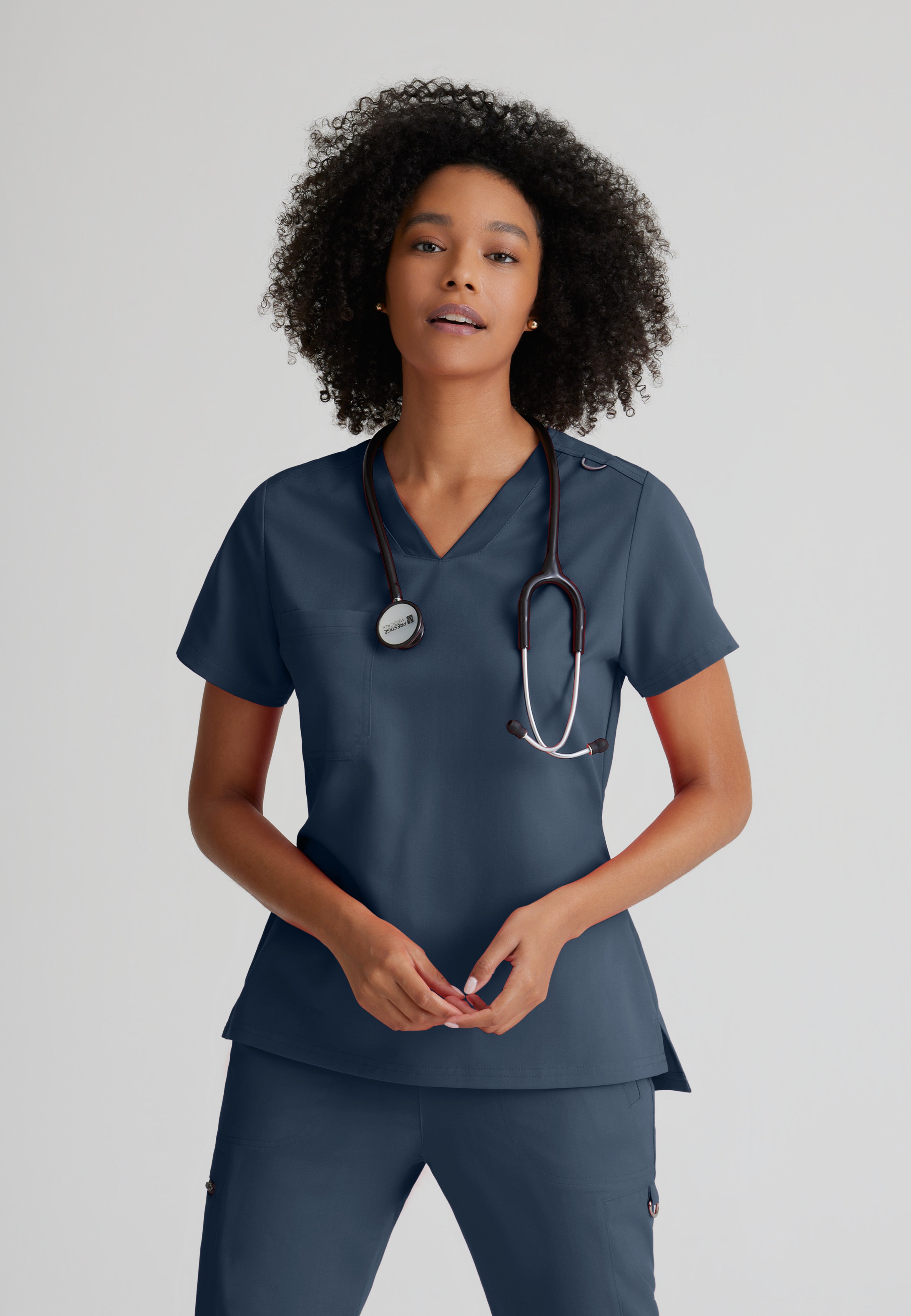Front View of the Bree 1-Pocket Tuck-In Scrub Top in Steel from Grey's Anatomy™ by Barco Spandex Stretch
