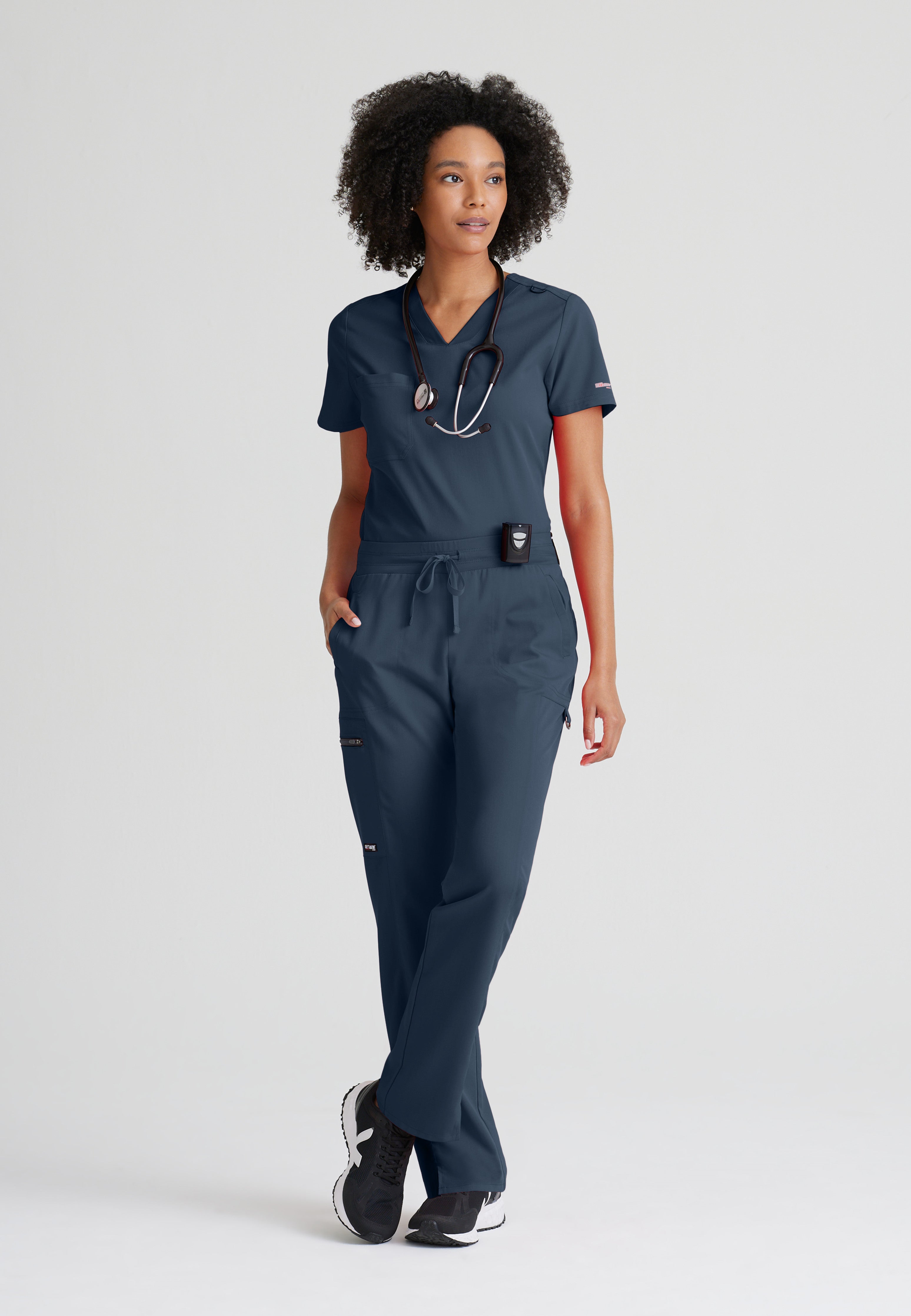 Full Body View of the Bree 1-Pocket Tuck-In Scrub Top in Steel from Grey's Anatomy™ by Barco Spandex Stretch
