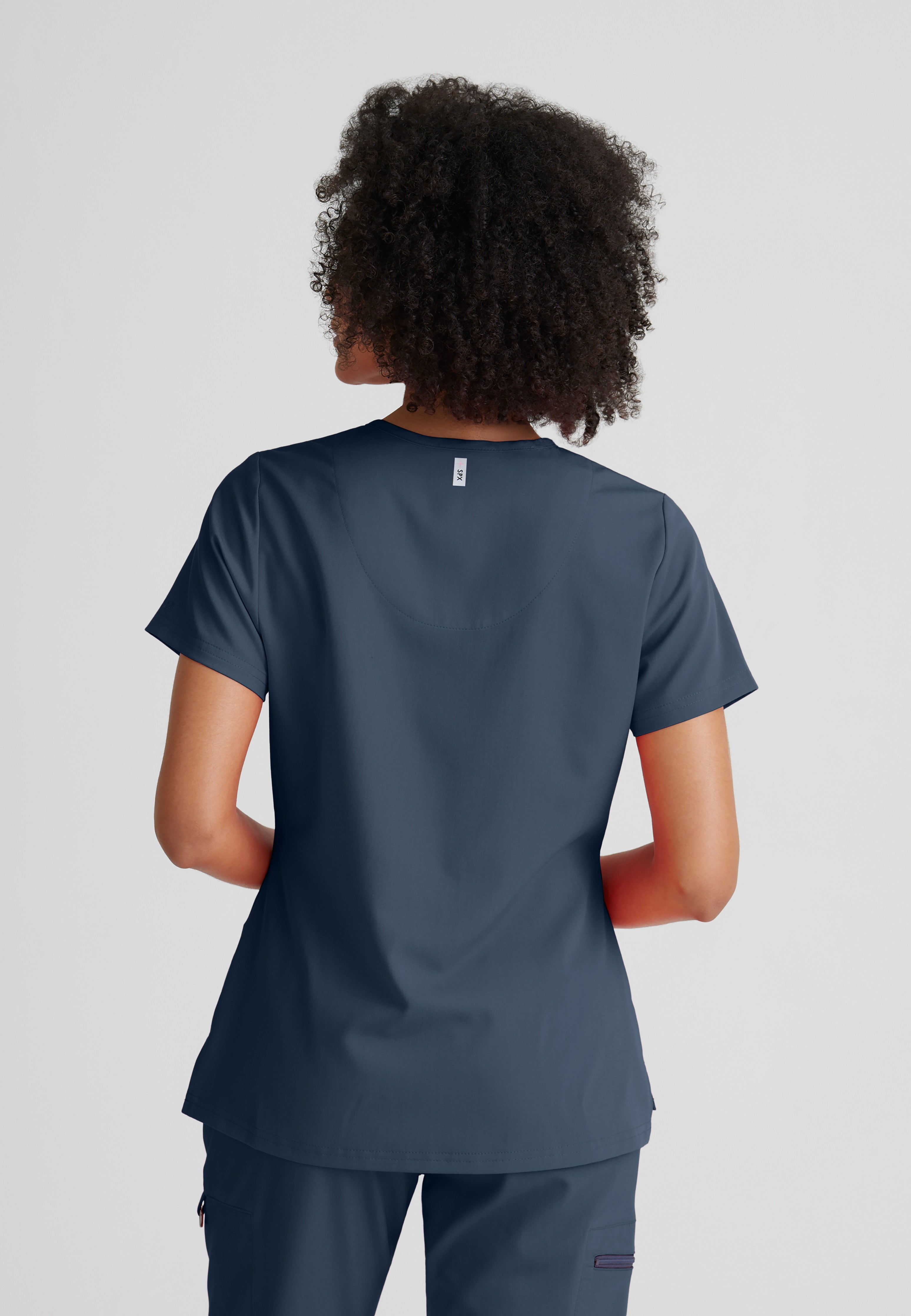 Back View of the Bree 1-Pocket Tuck-In Scrub Top in Steel from Grey's Anatomy™ by Barco Spandex Stretch