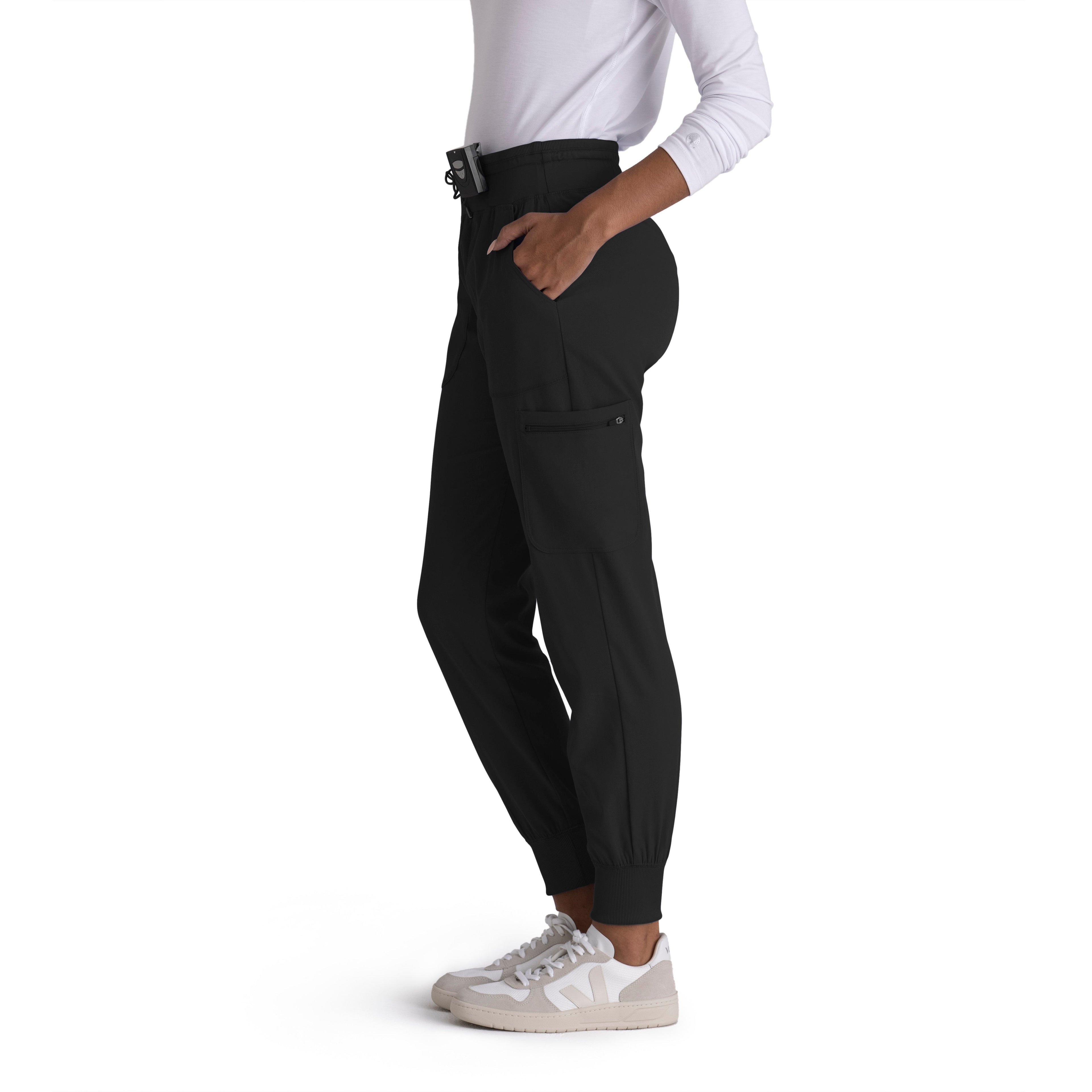 Grey's Anatomy Spandex-Stretch Women’s black Double Cargo Jogger Scrub Pants with Elastic Waistband. 7 pockets with ribbed waistband and cuffs.