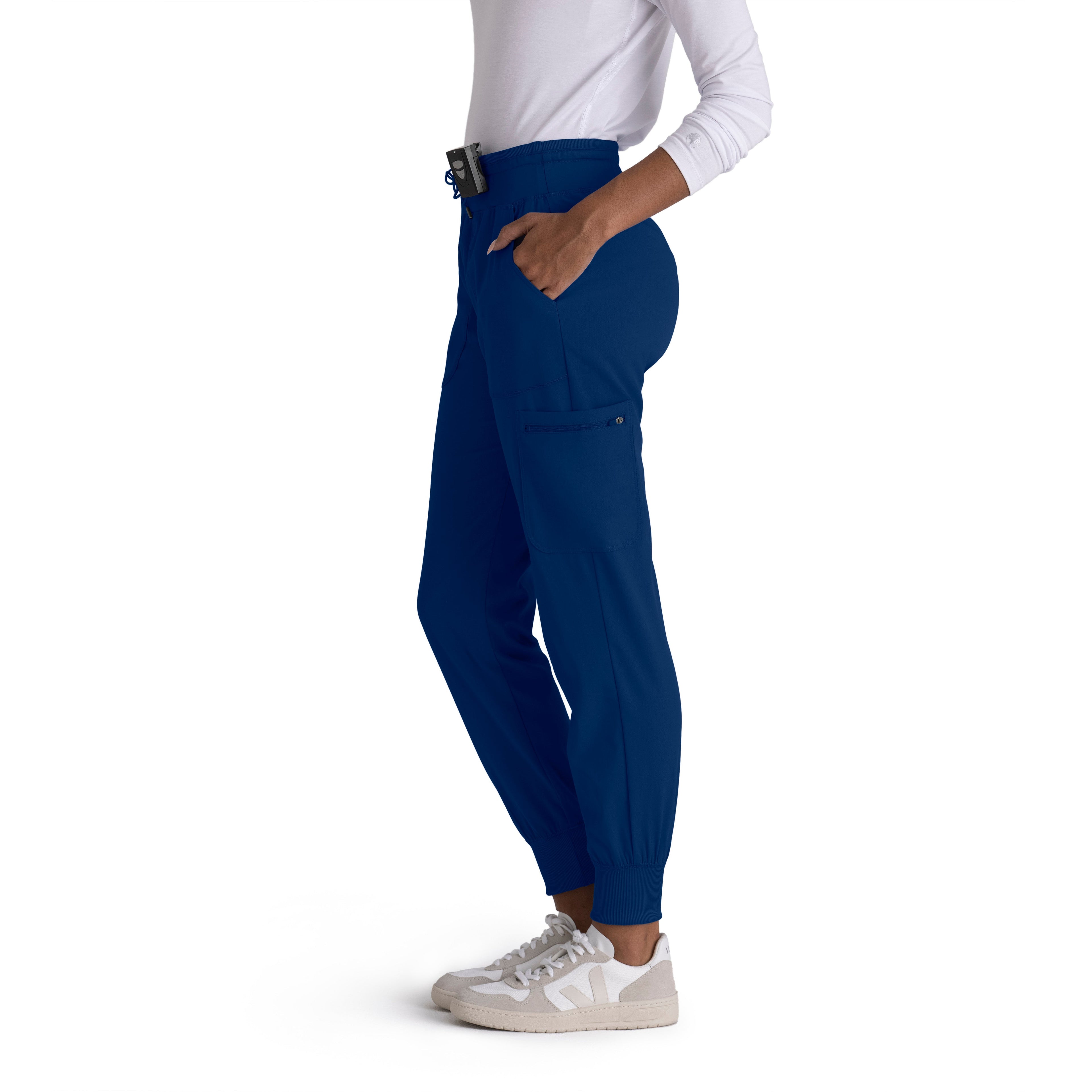 Grey's Anatomy Spandex-Stretch Women’s indigo Double Cargo Jogger Scrub Pants with Elastic Waistband. 7 pockets with ribbed waistband and cuffs.