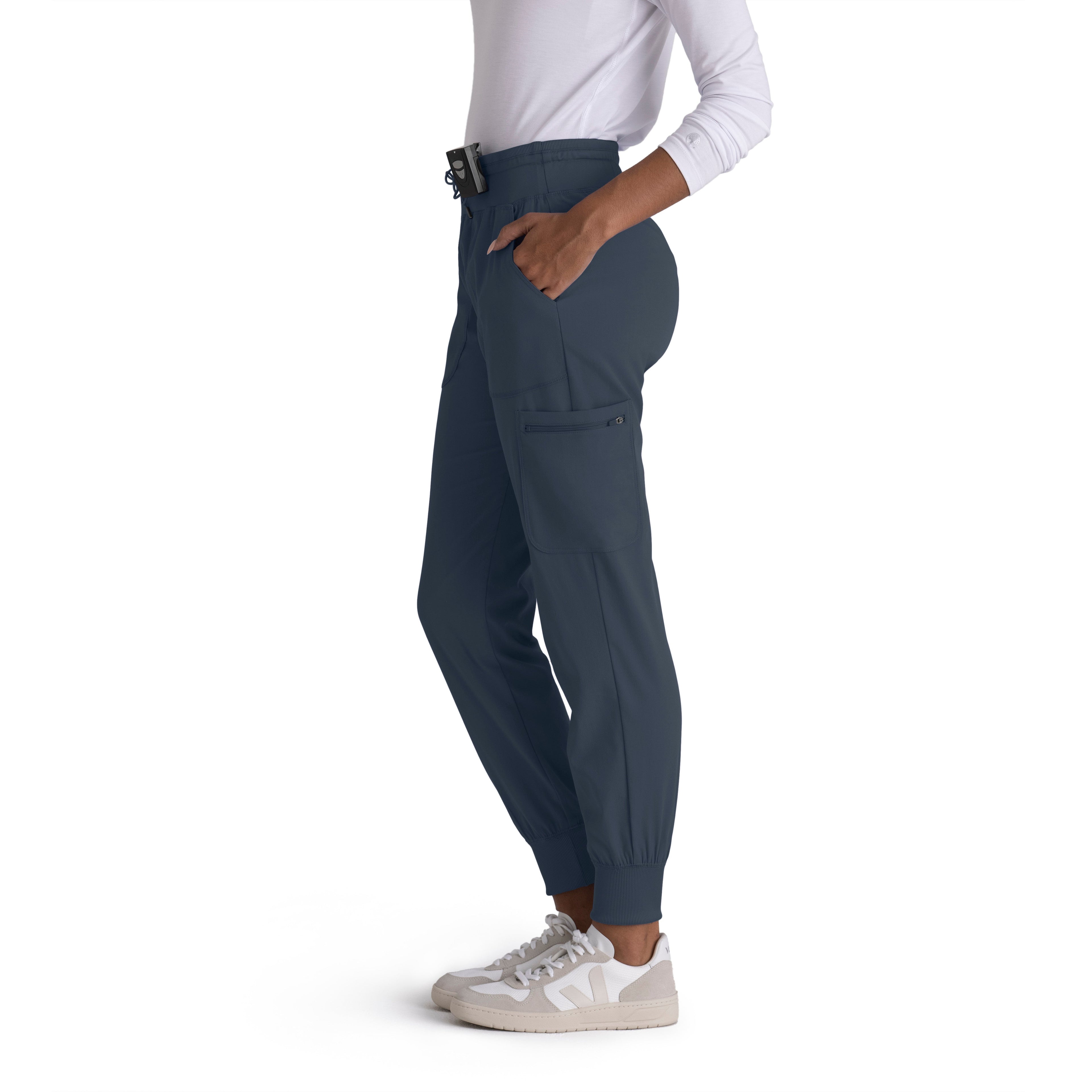 Grey's Anatomy Spandex-Stretch Women’s steel Double Cargo Jogger Scrub Pants with Elastic Waistband. 7 pockets with ribbed waistband and cuffs.