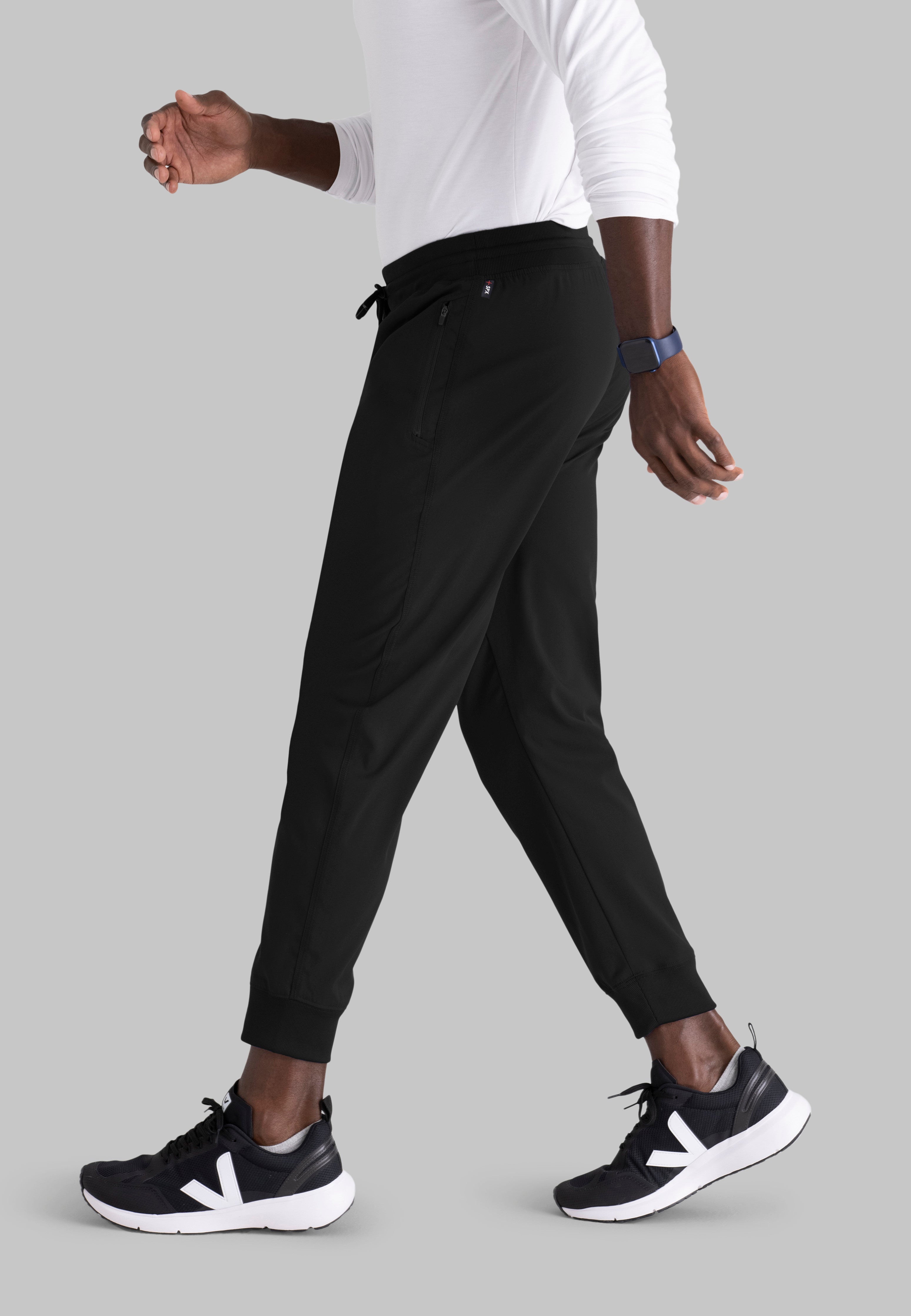 Grey's Anatomy Spandex-Stretch Men’s black Zip-Fly 5-Pocket Jogger Scrub Pant. Elastic waistband with drawstring. Wrinkle-resistant, easy care fabric. 