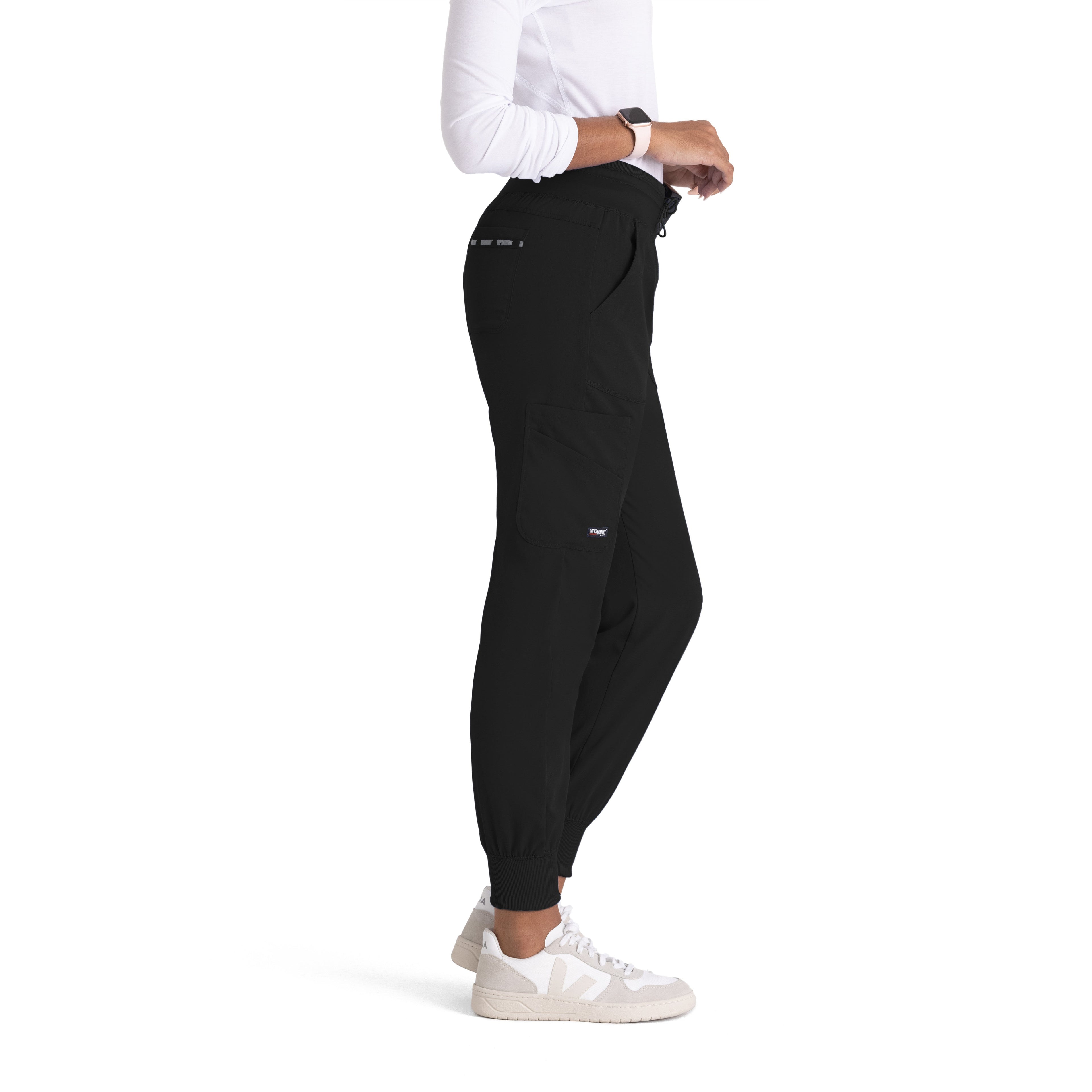 Grey's Anatomy Spandex-Stretch Women’s black Double Cargo Jogger Scrub Pants with Elastic Waistband. 7 pockets with ribbed waistband and cuffs.