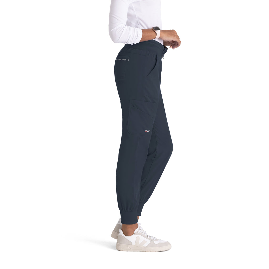 Grey's Anatomy Spandex-Stretch Women’s steel Double Cargo Jogger Scrub Pants with Elastic Waistband. 7 pockets with ribbed waistband and cuffs.