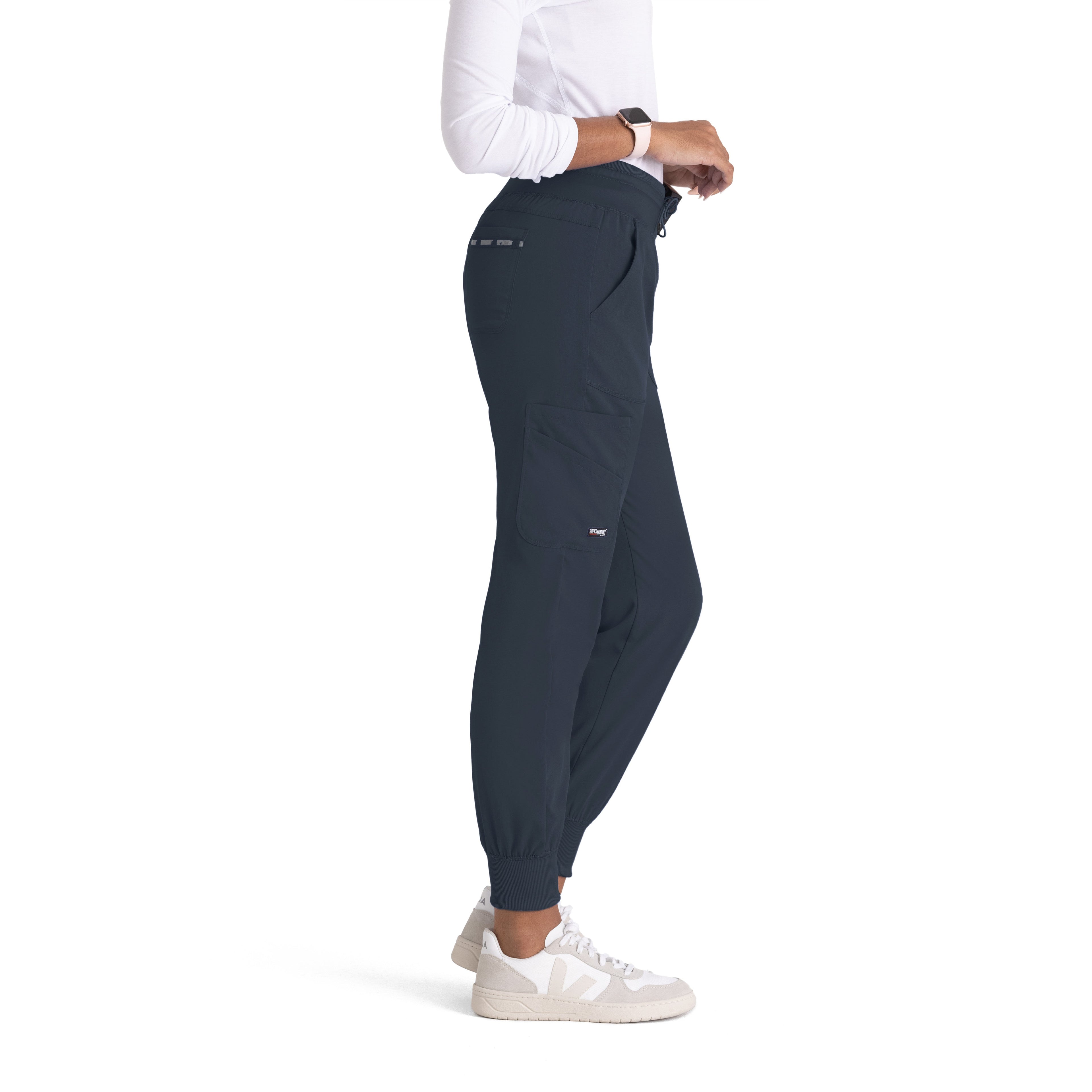 Grey's Anatomy Spandex-Stretch Women’s steel Double Cargo Jogger Scrub Pants with Elastic Waistband. 7 pockets with ribbed waistband and cuffs.