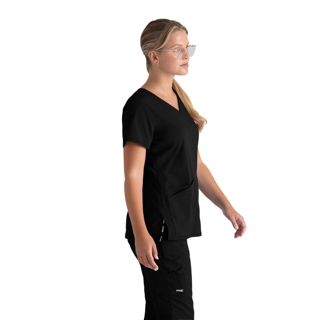 Grey's Anatomy Spandex-Stretch Women’s black V-Neck Scrub Top. 3 pockets. Buttery soft 2 way stretch fabric. 